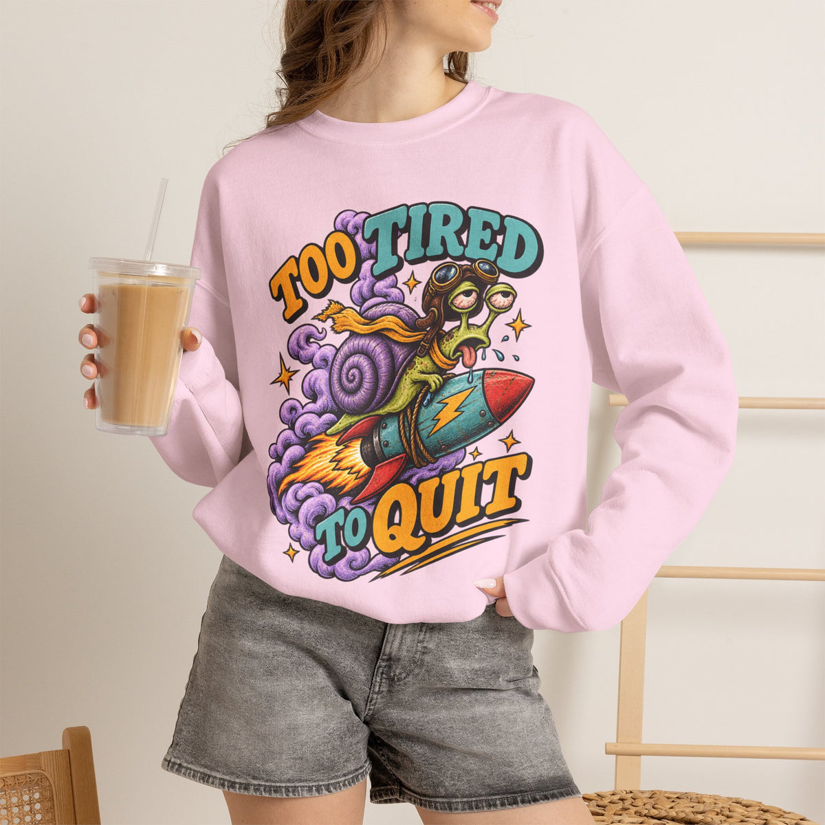 Too Tired to Quit Sweatshirt | Rocket Sloth Illustration, Motivational Retro