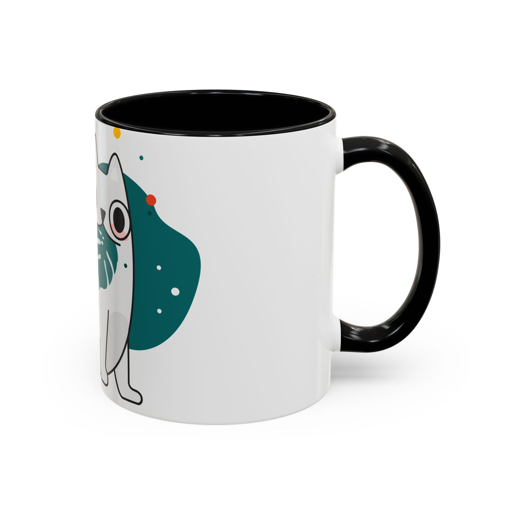 Cute Cat Coffee Mug  Playful White Cat with Tropical Leaf Accent 11oz 15oz