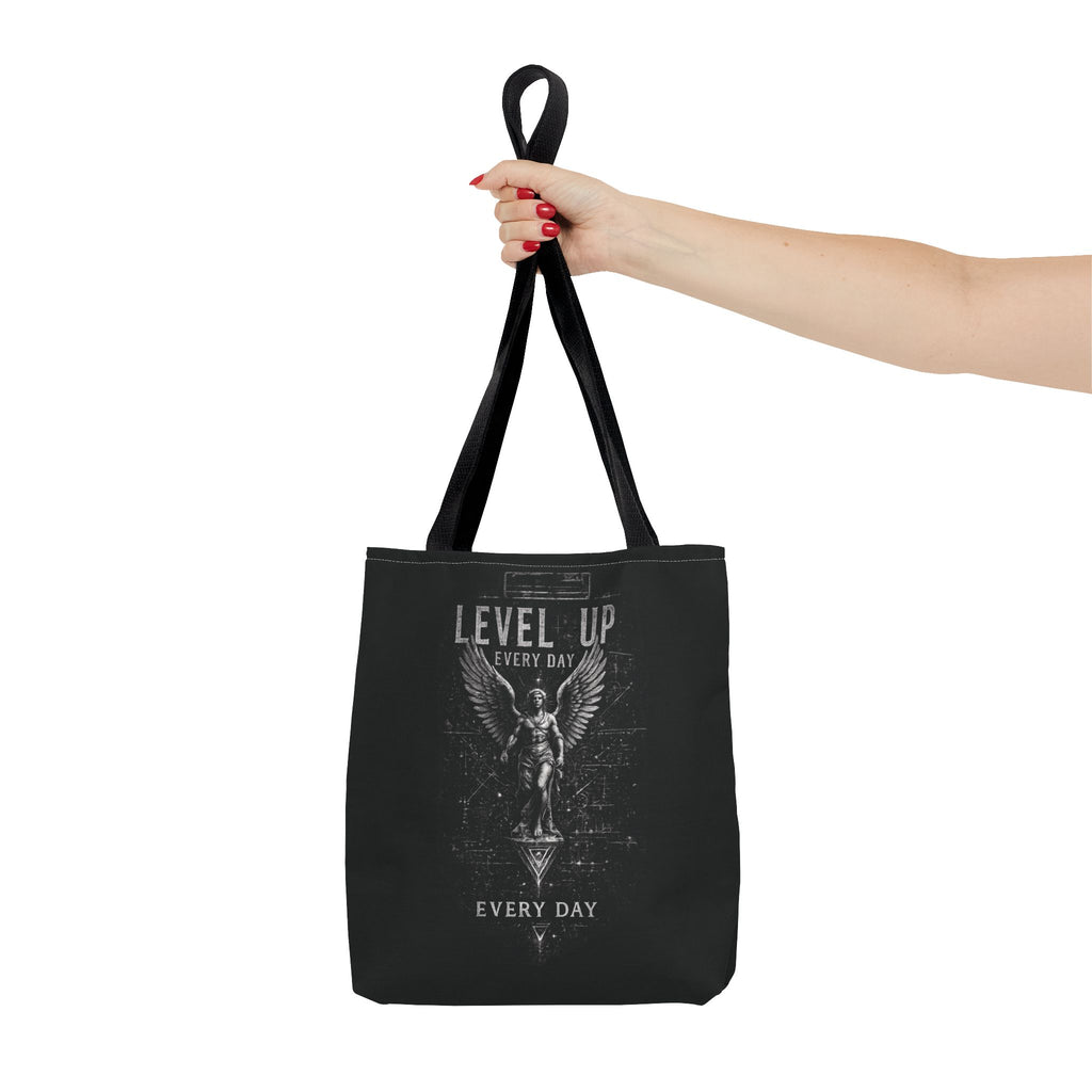 Level Up Every Day Angel Statue Tote Bag — Motivational Graphic Tote for Gamers & Fitness Fans