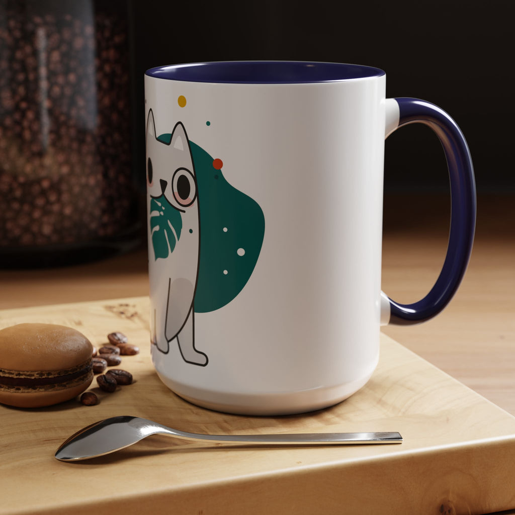 Cute Cat Coffee Mug  Playful White Cat with Tropical Leaf Accent 11oz 15oz
