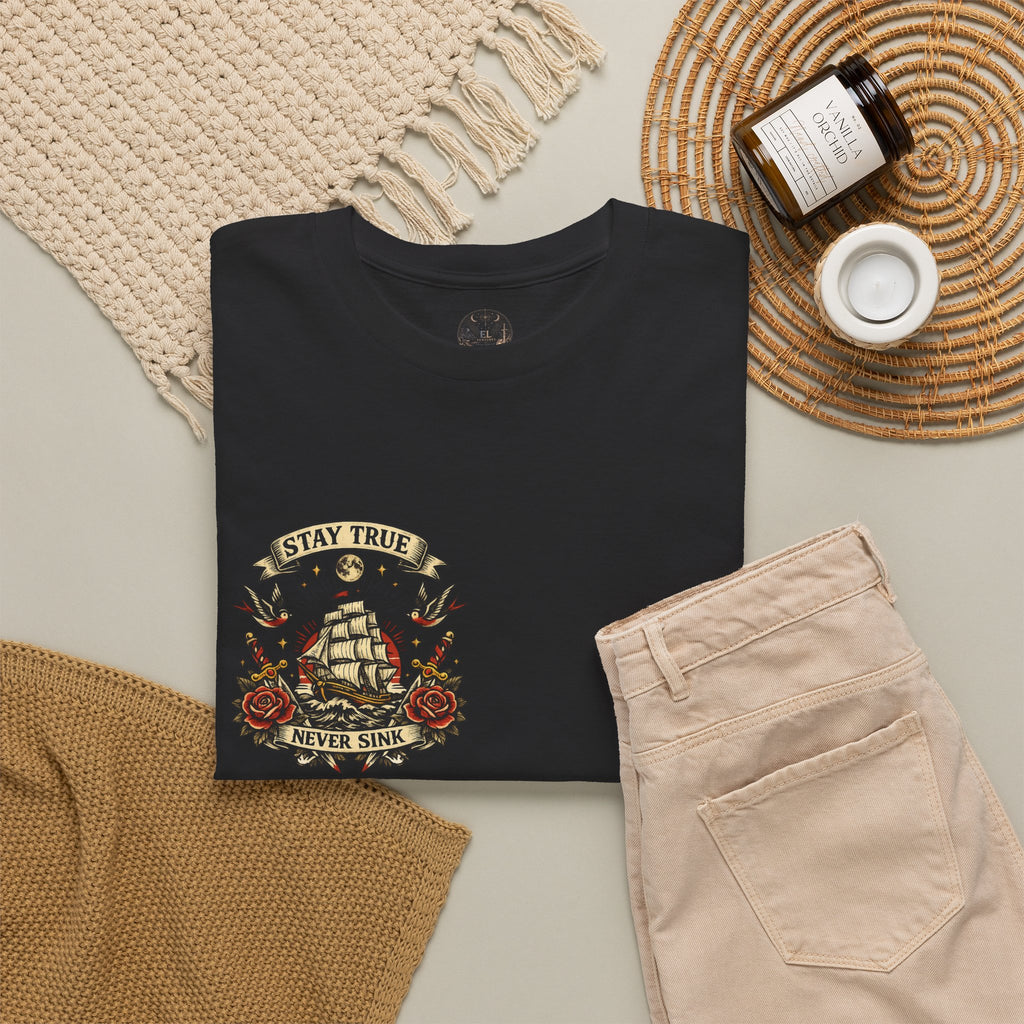 Stay True Never Sink T-Shirt — Vintage Sailboat Tattoo Graphic Tee