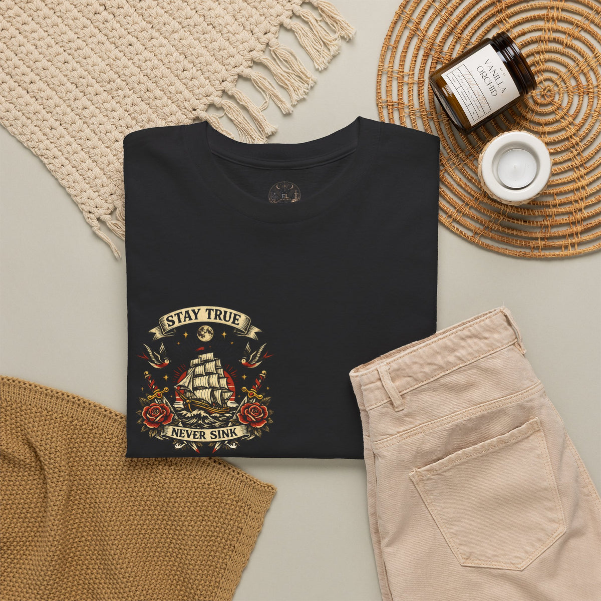 Stay True Never Sink T-Shirt — Vintage Sailboat Tattoo Graphic Tee