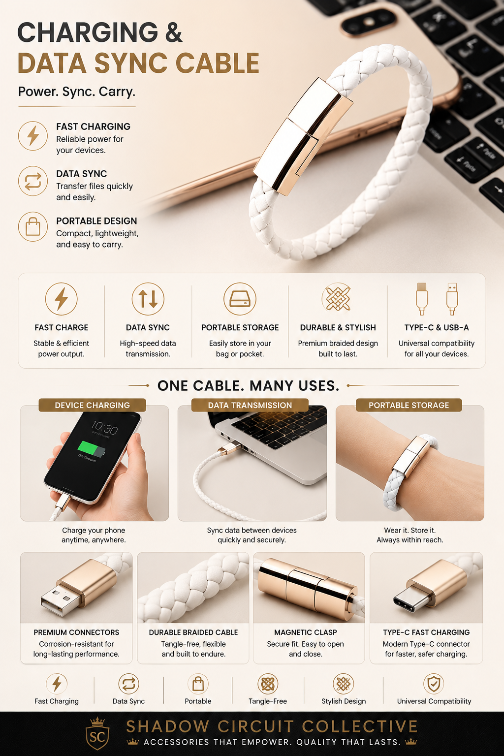 Never Get Caught Without a Charger Again | 2-in-1 USB-C Charging Cable Bracelet for iPhone, Android & More