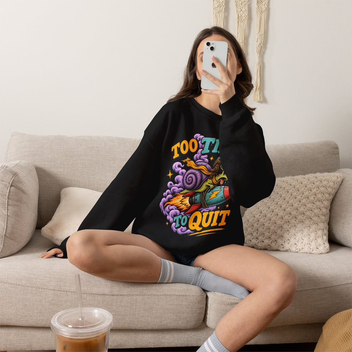 Too Tired to Quit Sweatshirt | Rocket Sloth Illustration, Motivational Retro
