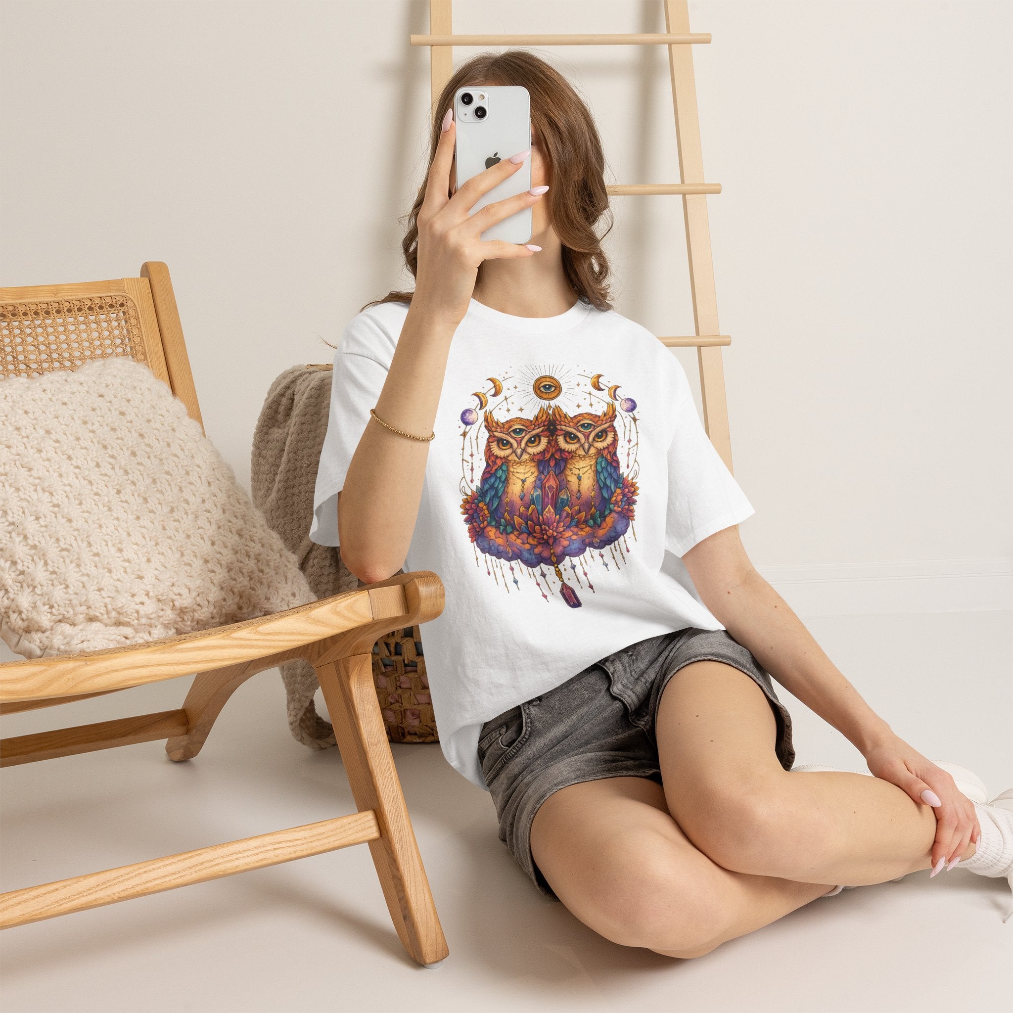 Mystical Triple Owl Illustration Tee Boho Moon Mystical Owl Shirt Boho Owl Graphic Tee Celestial Nature Shirt Spiritual Animal T Shirt