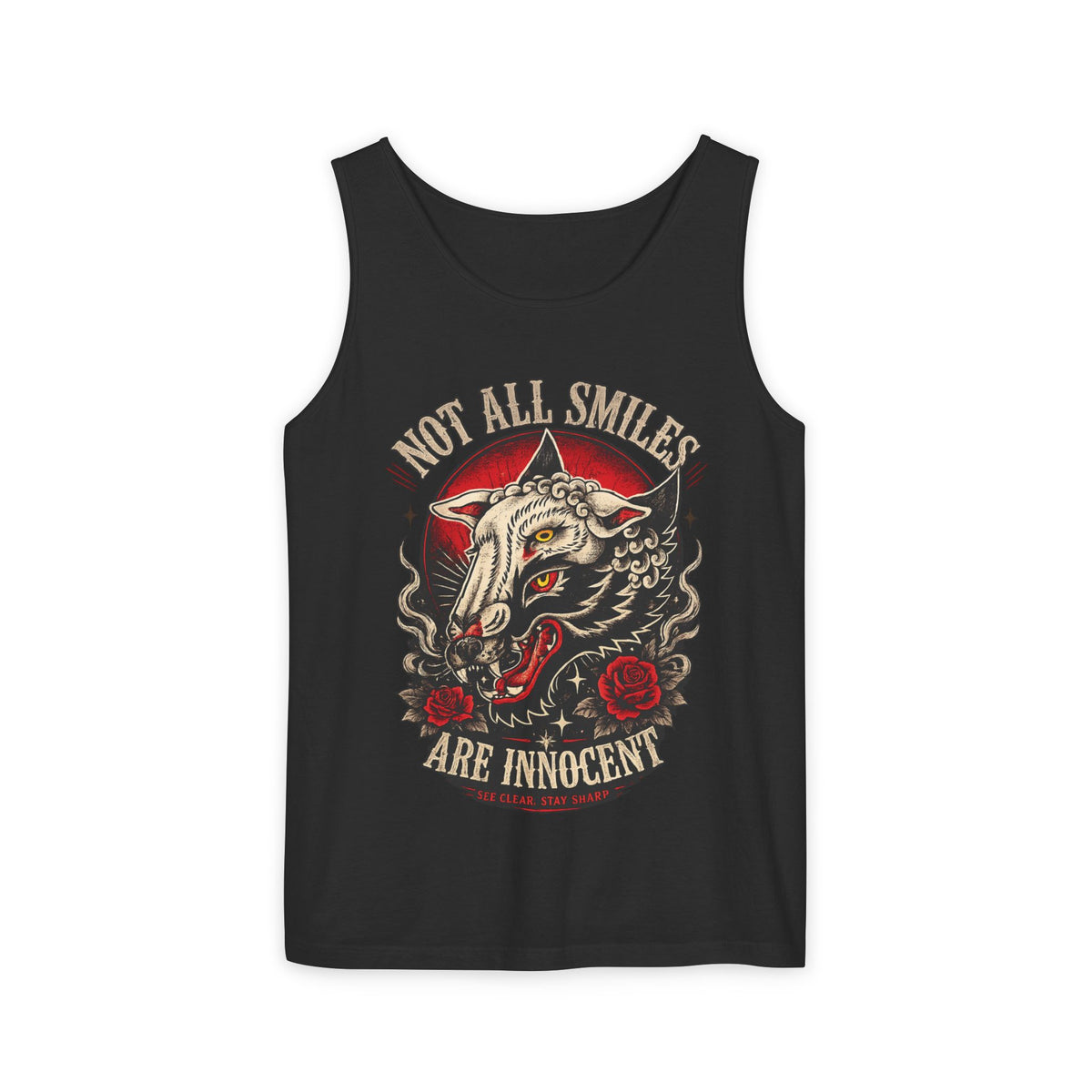 Not All Smiles Are Innocent Tank Top Gothic Wolf Shirt Alternative Streetwear Tattoo Style Muscle Tank Dark Aesthetic Gym Shirt
