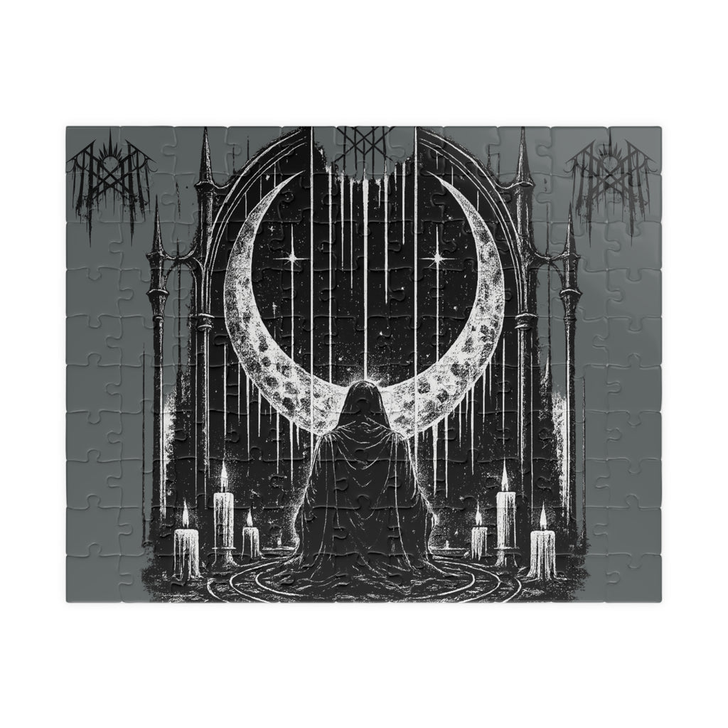 Piece together the ritual puzzle Worship Crescent Moon Altar Puzzle Gothic Occult Illustration
