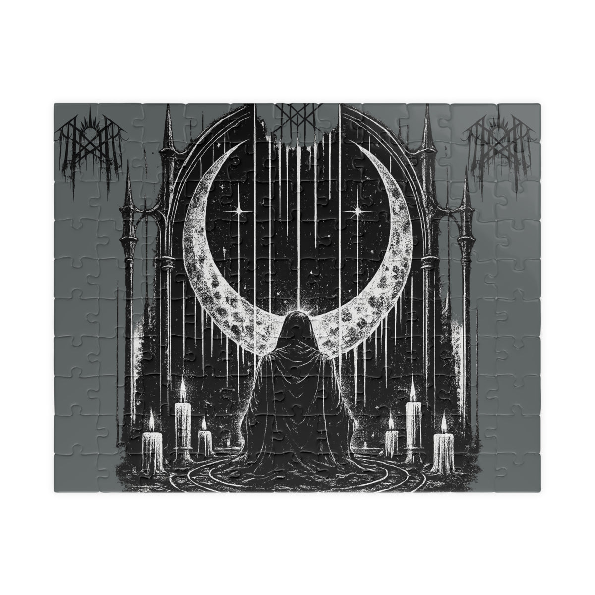 Piece together the ritual puzzle Worship Crescent Moon Altar Puzzle Gothic Occult Illustration