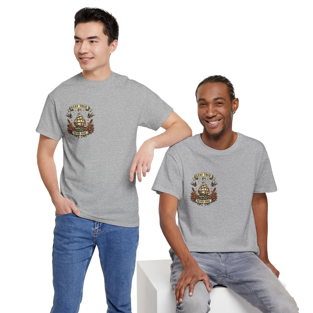 Stay True Never Sink T-Shirt — Vintage Sailboat Tattoo Graphic Tee