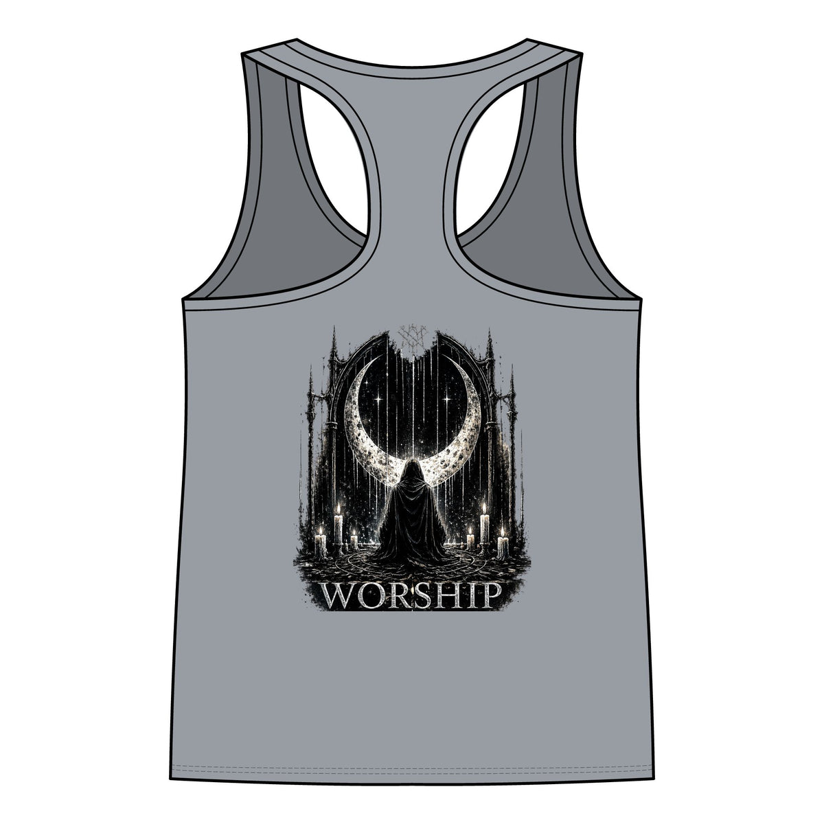 Worship Gothic Racerback Tank Top | Women’s Alternative Moon Graphic Shirt | Front & Back Print Tank
