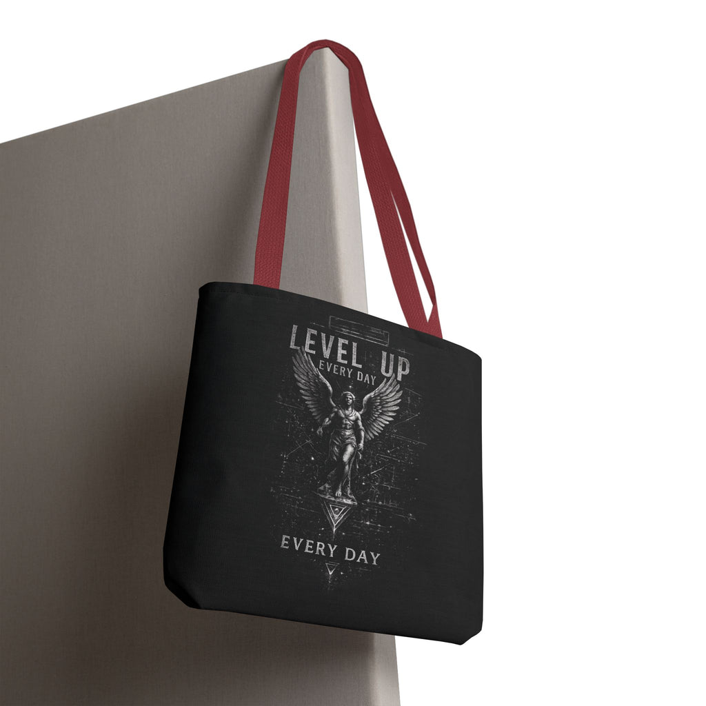 Level Up Every Day Angel Statue Tote Bag — Motivational Graphic Tote for Gamers & Fitness Fans