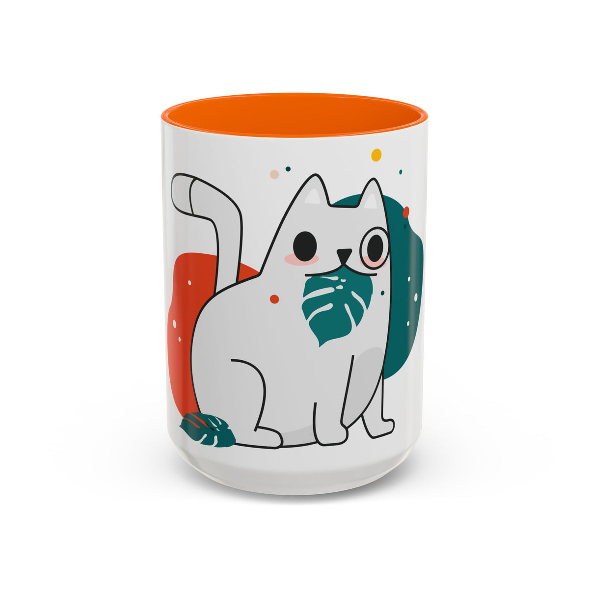 Cute Cat Coffee Mug  Playful White Cat with Tropical Leaf Accent 11oz 15oz