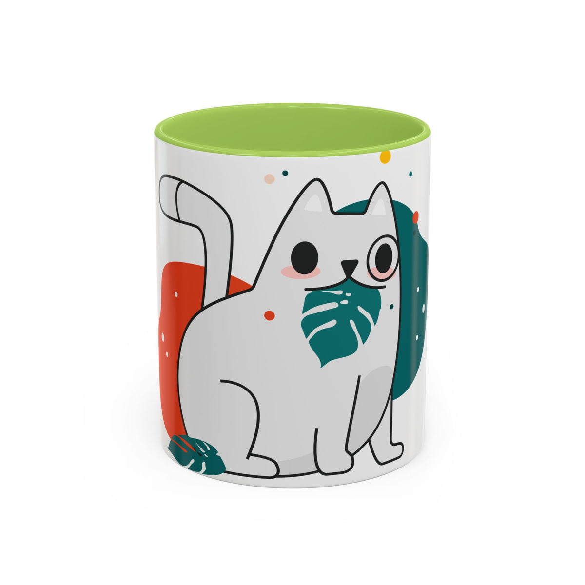 Cute Cat Coffee Mug  Playful White Cat with Tropical Leaf Accent 11oz 15oz