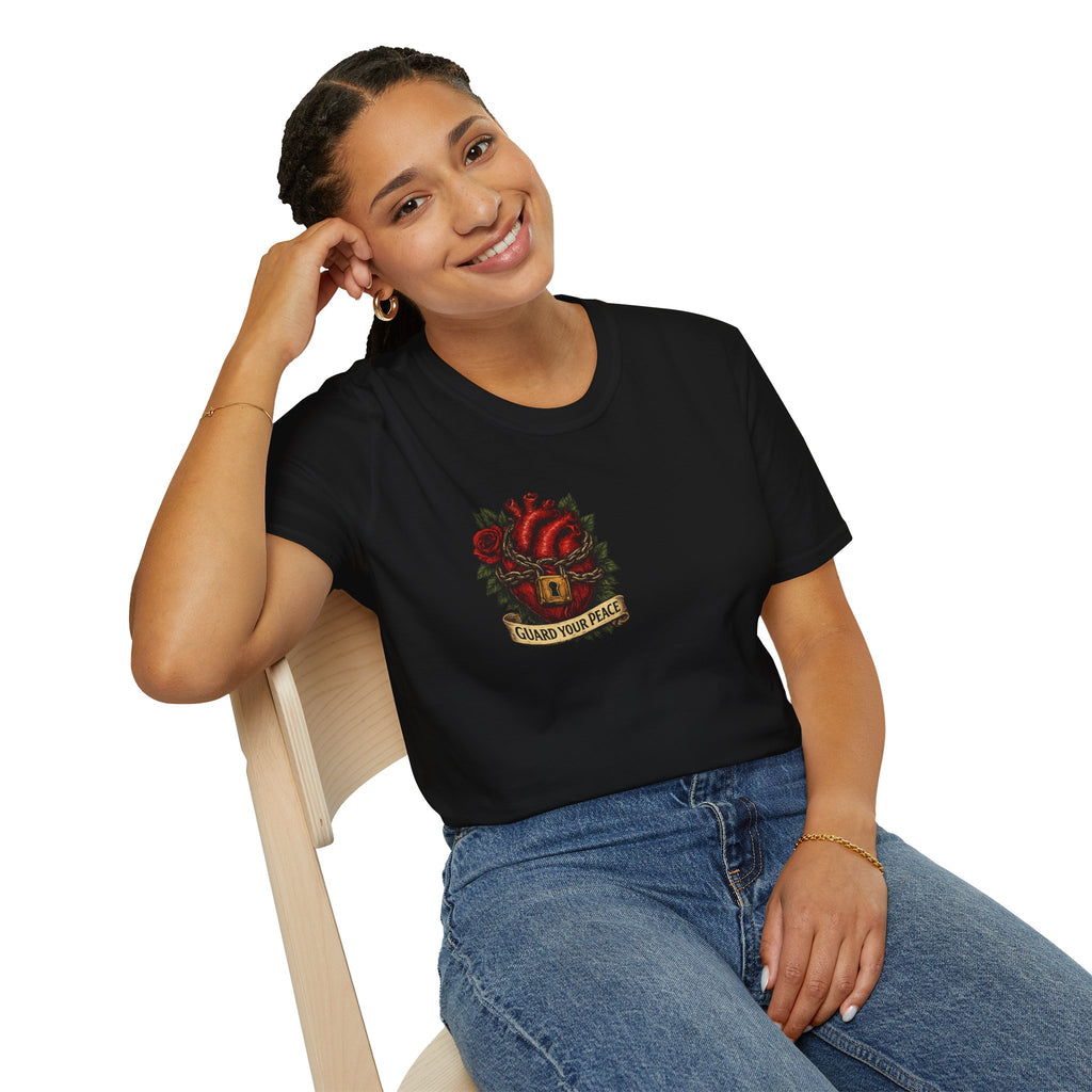 Guard Your Peace Heart graphic T-Shirt | anatomical heart, rose, lock