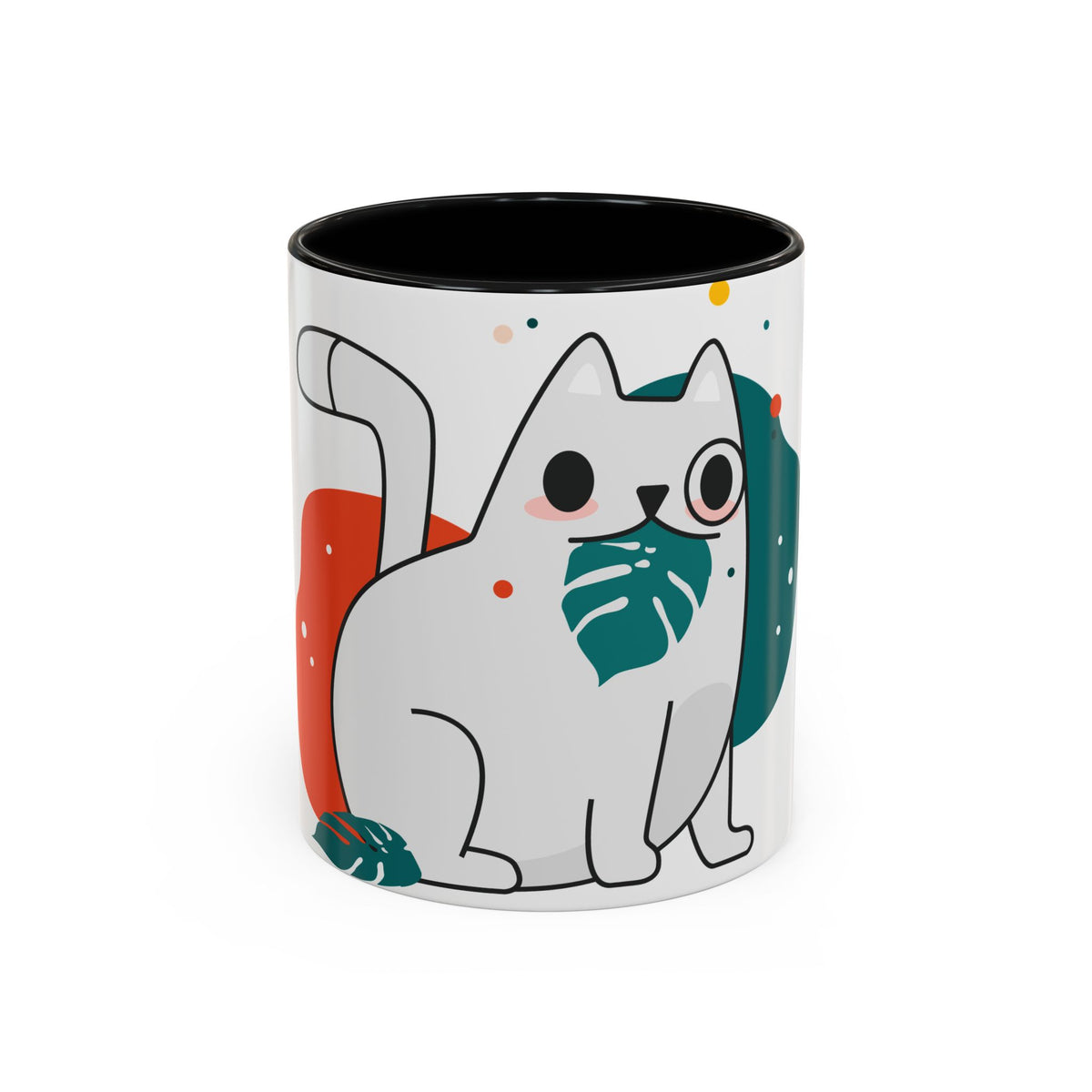 Cute Cat Coffee Mug  Playful White Cat with Tropical Leaf Accent 11oz 15oz