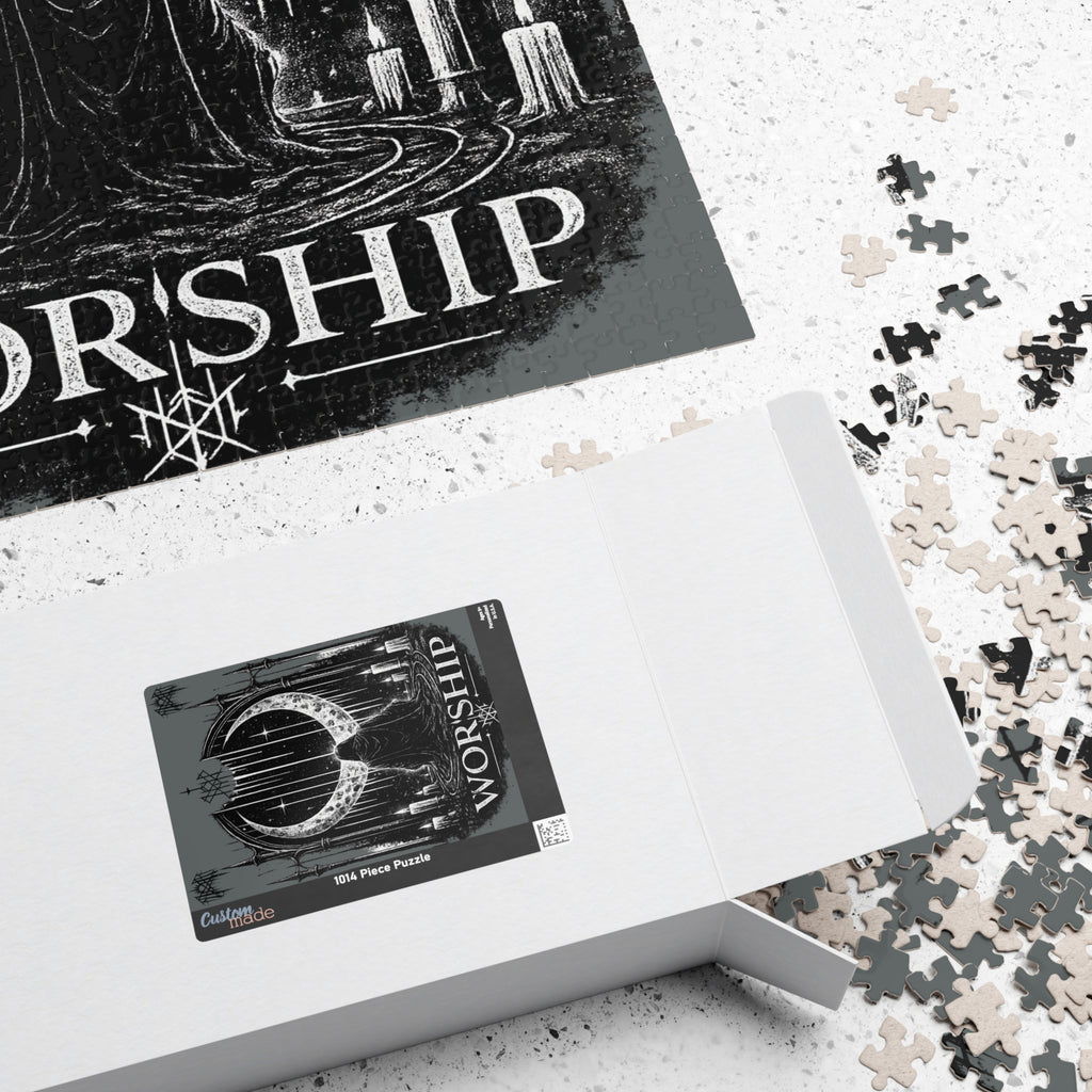 Piece together the ritual puzzle Worship Crescent Moon Altar Puzzle Gothic Occult Illustration