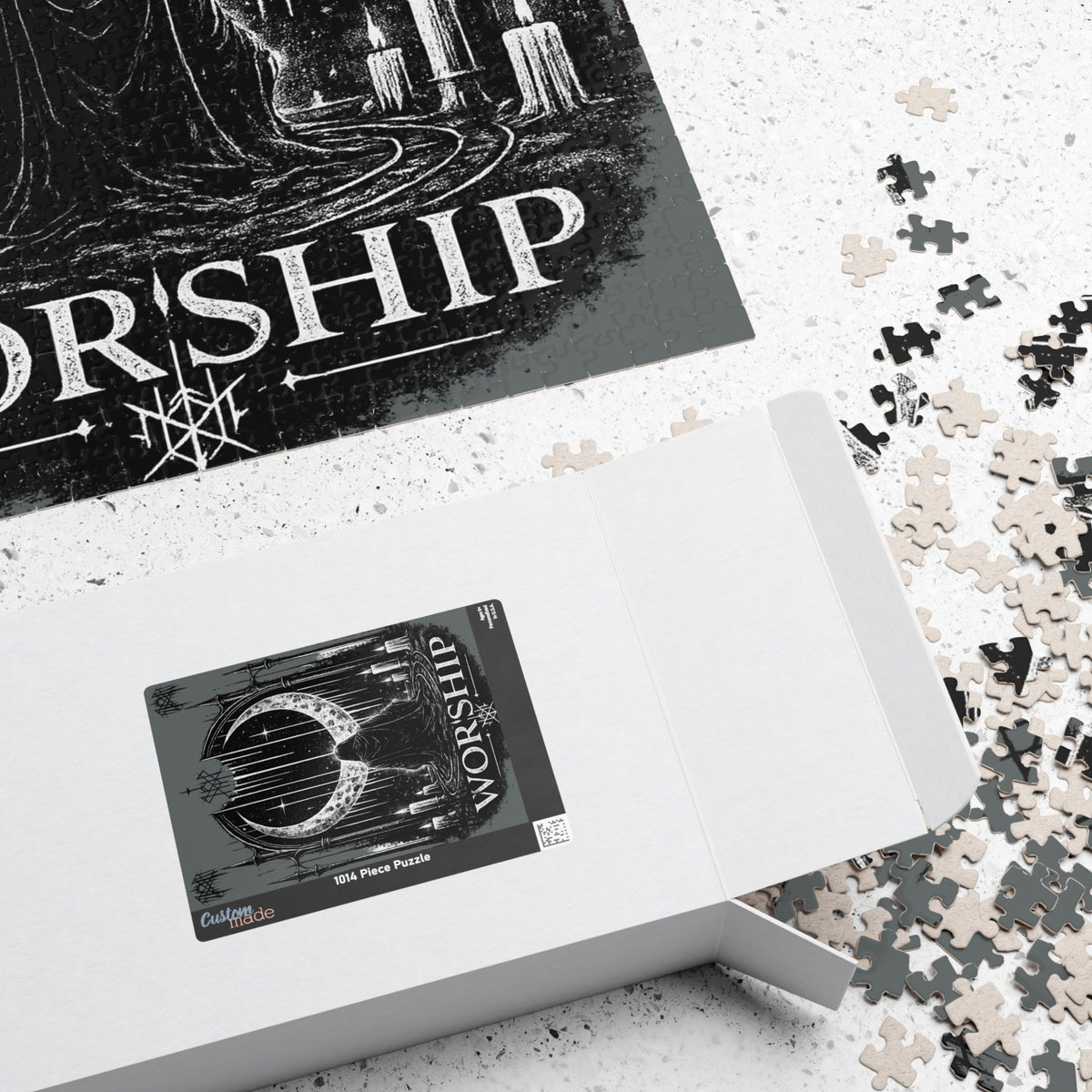 Piece together the ritual puzzle Worship Crescent Moon Altar Puzzle Gothic Occult Illustration