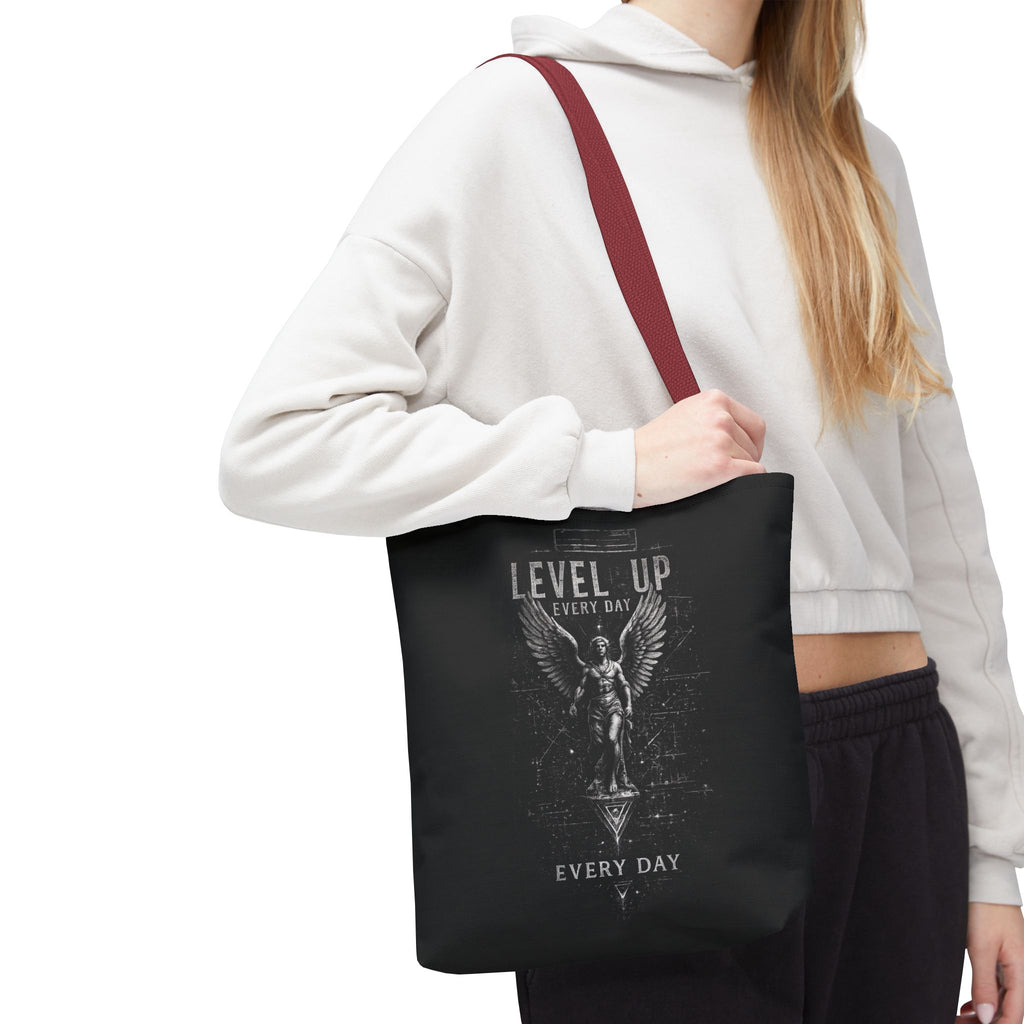 Level Up Every Day Angel Statue Tote Bag — Motivational Graphic Tote for Gamers & Fitness Fans