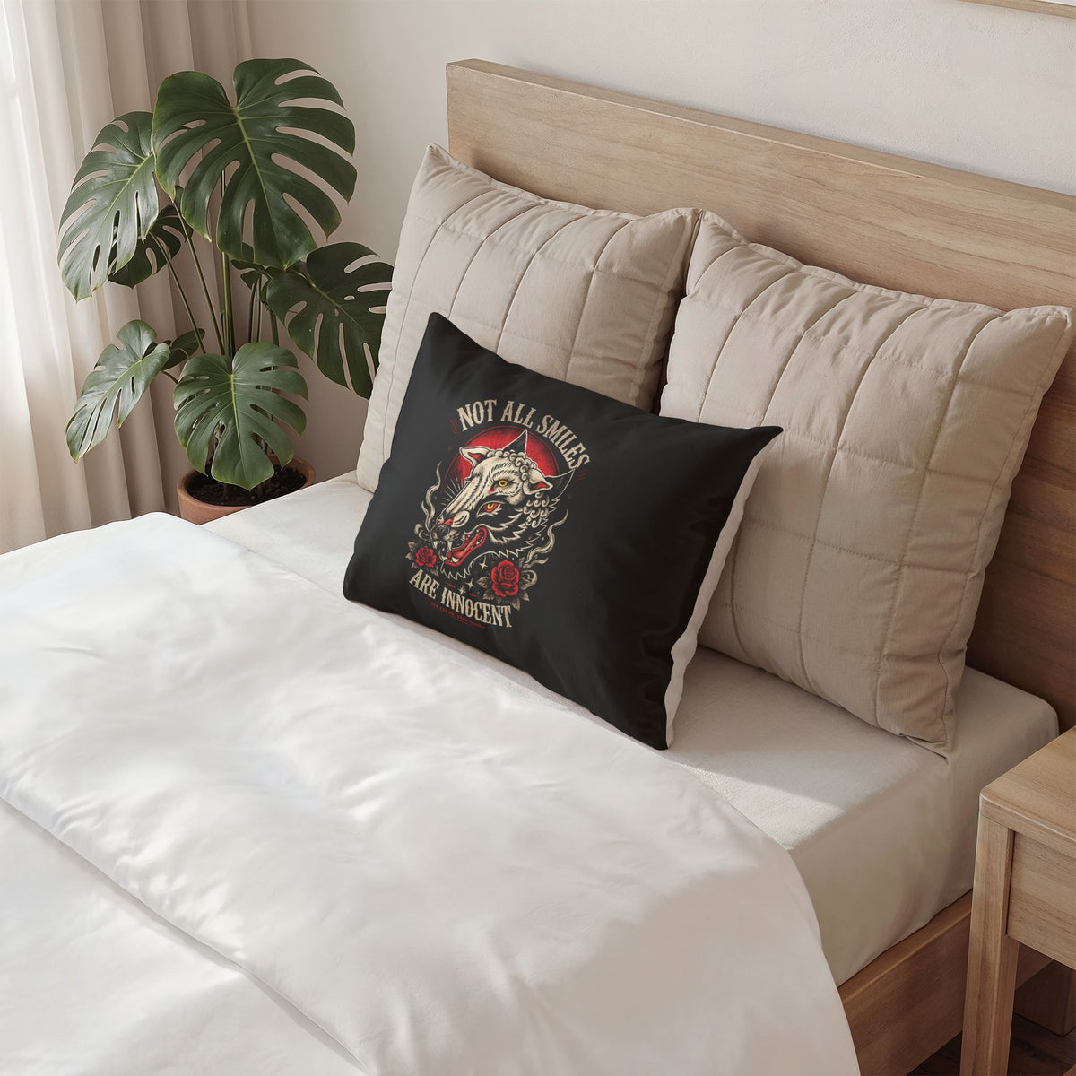 Not All Smiles Are Innocent Pillow Sham Gothic Bedding Dark Aesthetic Pillow Cover Tattoo Style Wolf Decor Alternative Bedroom Decor