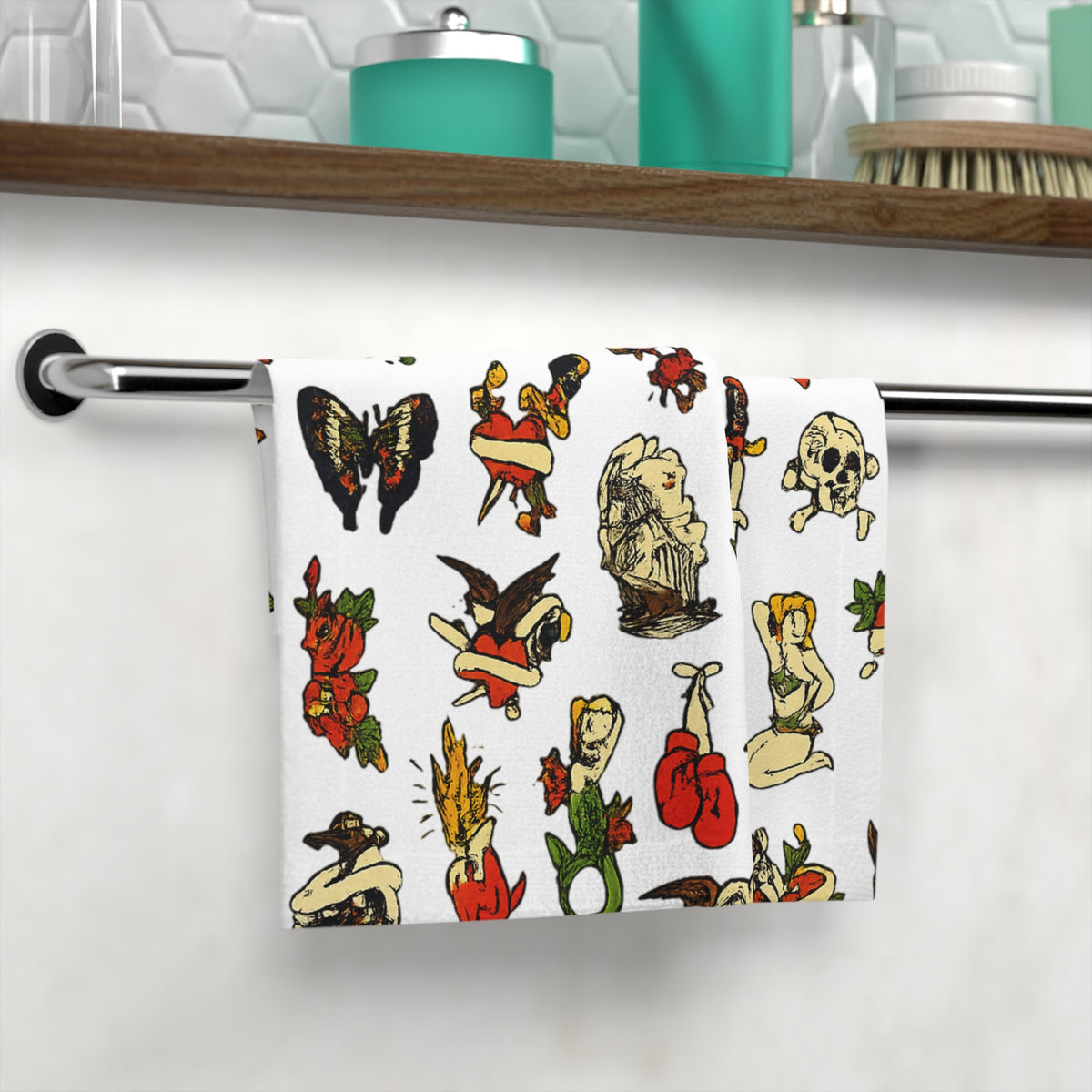 Traditional Flash Tattoo Icons Face Towel | Vintage Sailor Pinup Tattoo Flash Hand Towel Gothic Bathroom Decor  Bathroom
