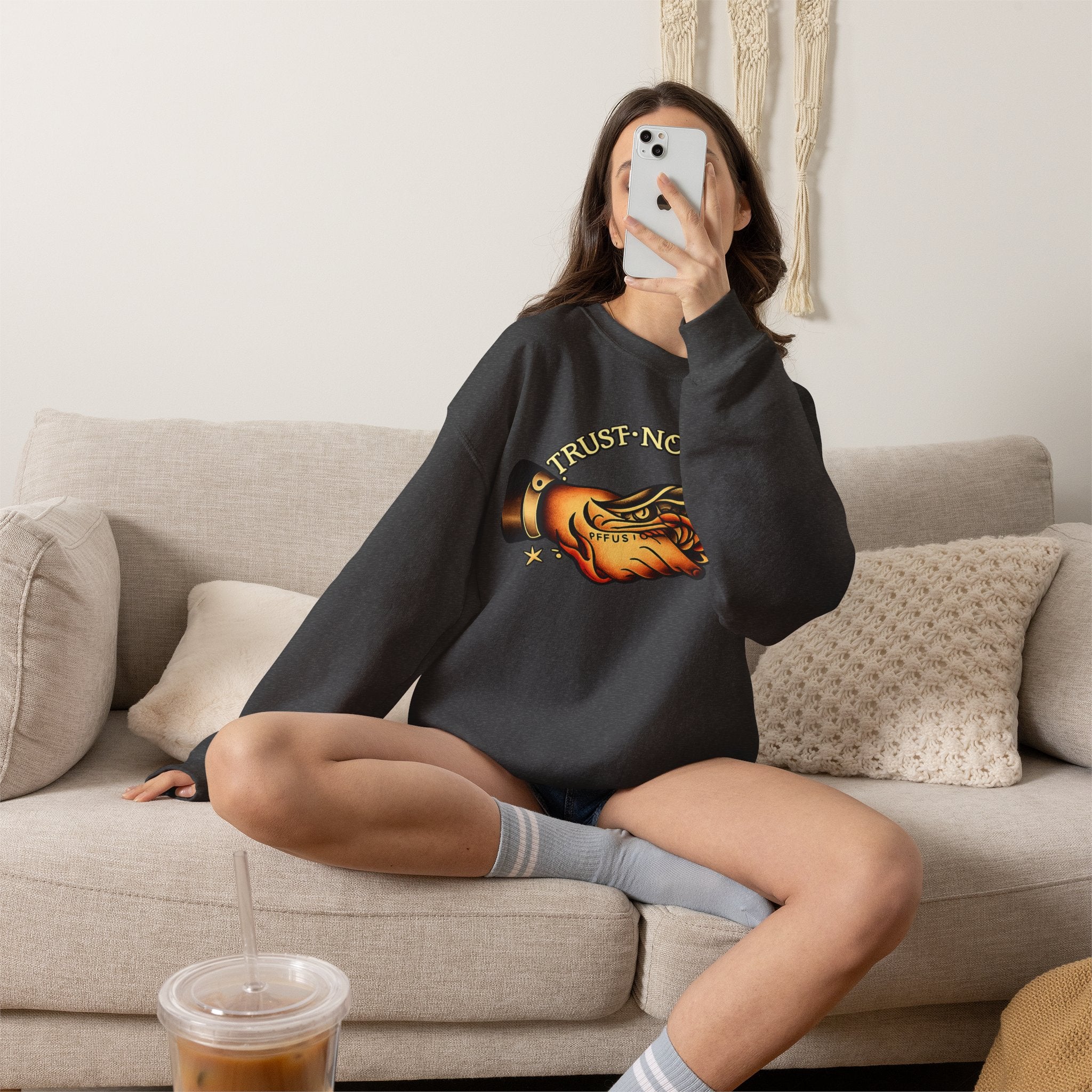 Trust No One Sweatshirt Vintage Tattoo Style Crewneck Retro Graphic Sweatshirt Alternative Streetwear Unisex Pullover Gift For Him Her