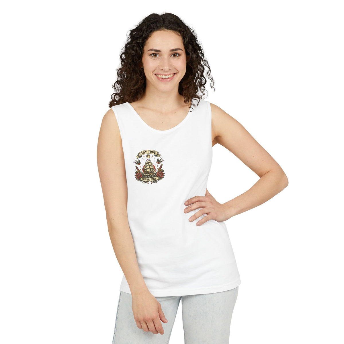 Stay True Never Sink Unisex Tank Top | Nautical Tattoo Style Summer Tank