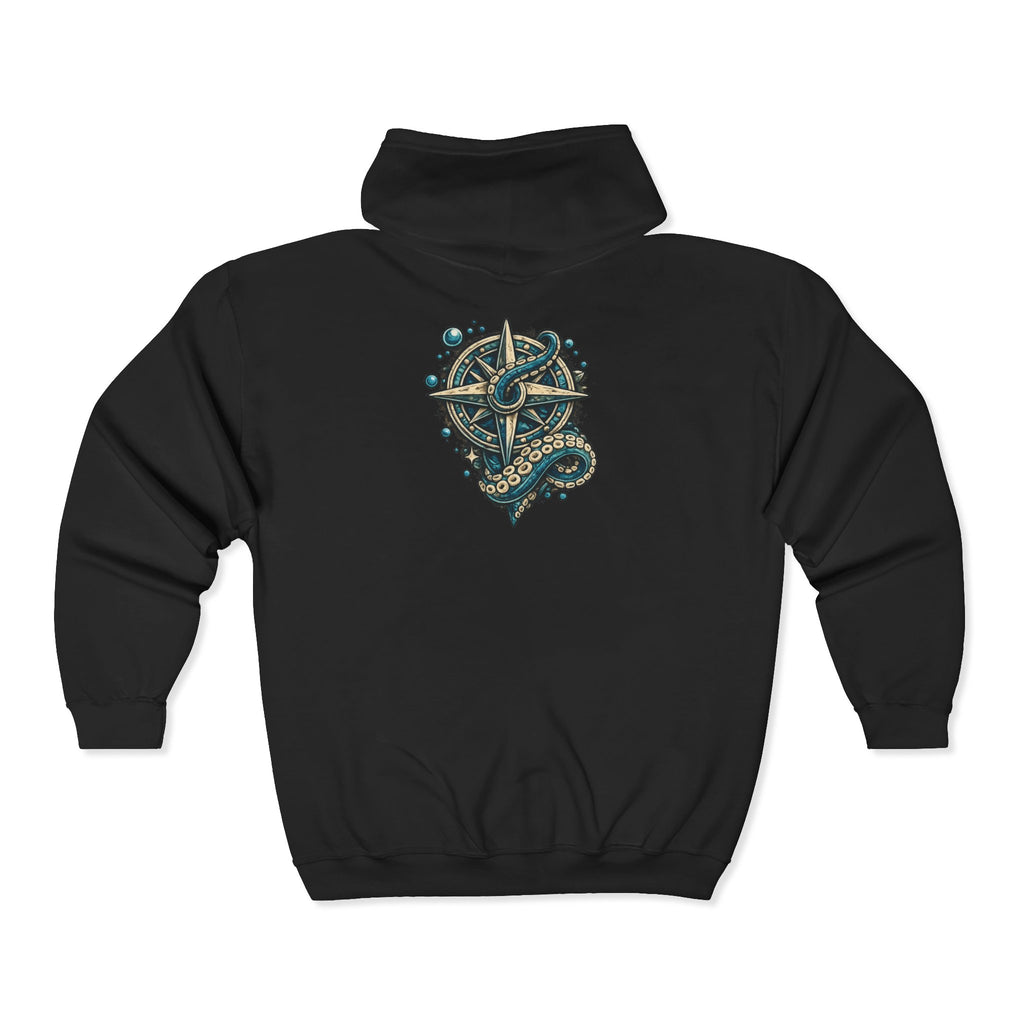 Nautical Compass & Octopus Zip Hoodie — Steampunk Sea Skull Design