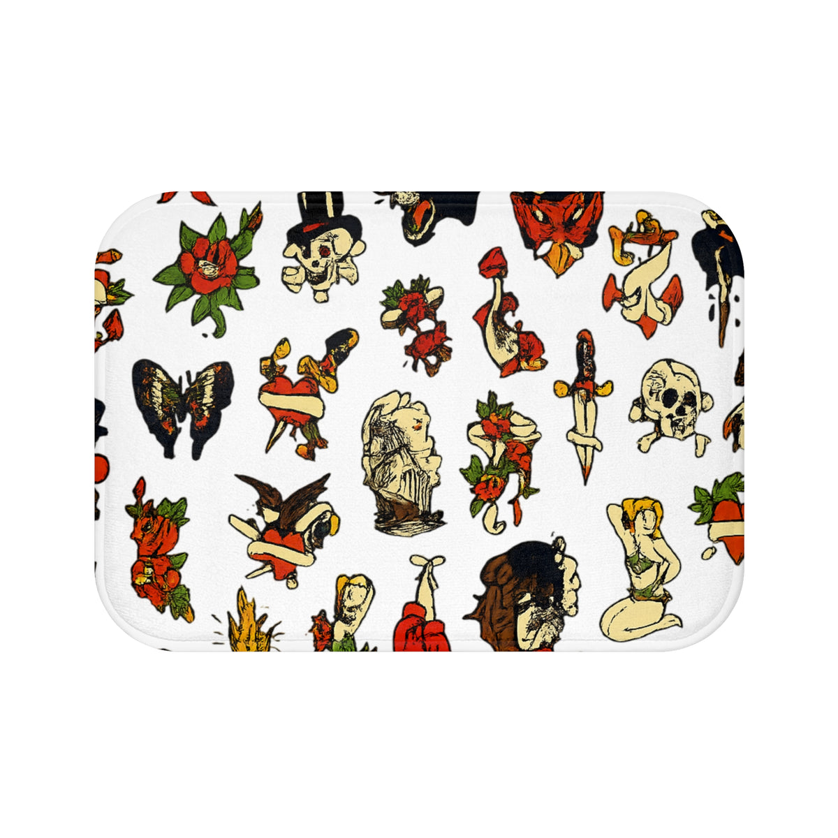 Traditional Tattoo Flash Bath Mat Retro Sailor Skull Rose Dagger Pattern