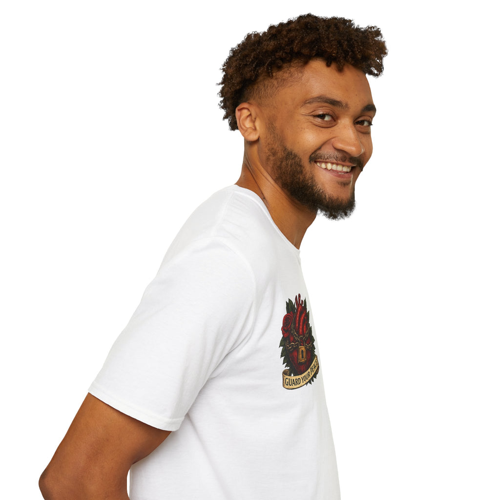 Guard Your Peace Heart graphic T-Shirt | anatomical heart, rose, lock