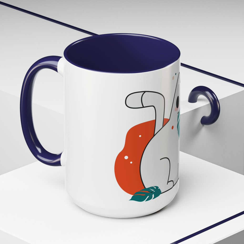 Cute Cat Coffee Mug  Playful White Cat with Tropical Leaf Accent 11oz 15oz
