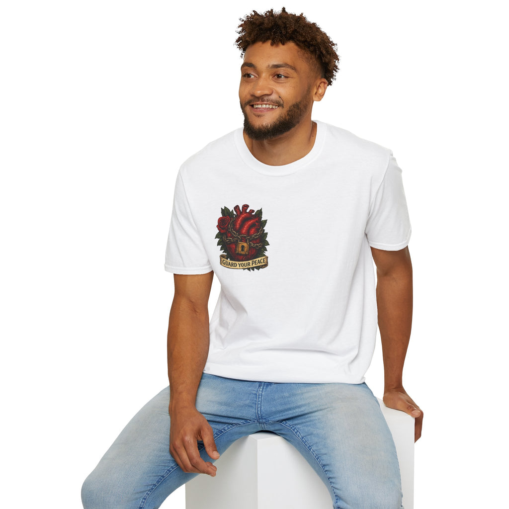 Guard Your Peace Heart graphic T-Shirt | anatomical heart, rose, lock