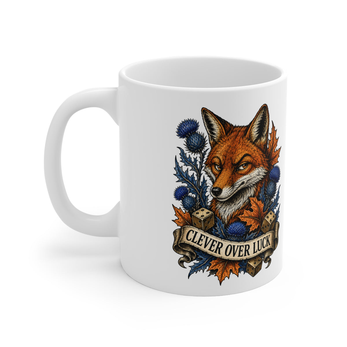 Clever Over Luck fox illustration Mug | Autumn leaves, thistle, woodcock