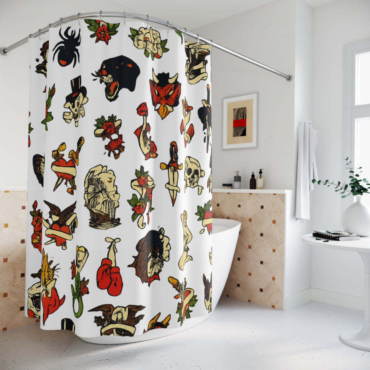 Traditional Tattoo Flash Shower Curtain Gothic Bathroom Decor Vintage Tattoo Art Bathroom Aesthetic Alternative Home Decor Punk Rock