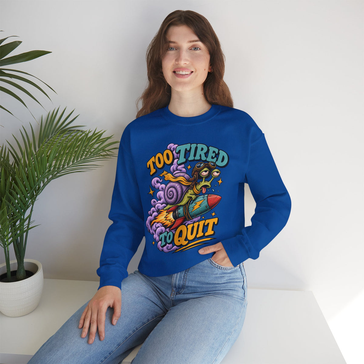 Too Tired to Quit Sweatshirt | Rocket Sloth Illustration, Motivational Retro