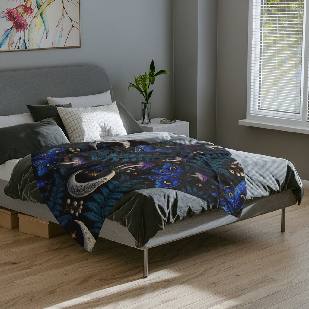 Moon & Blue Moth Pattern Velveteen Microfiber Blanket | Celestial Mushroom Fern Print