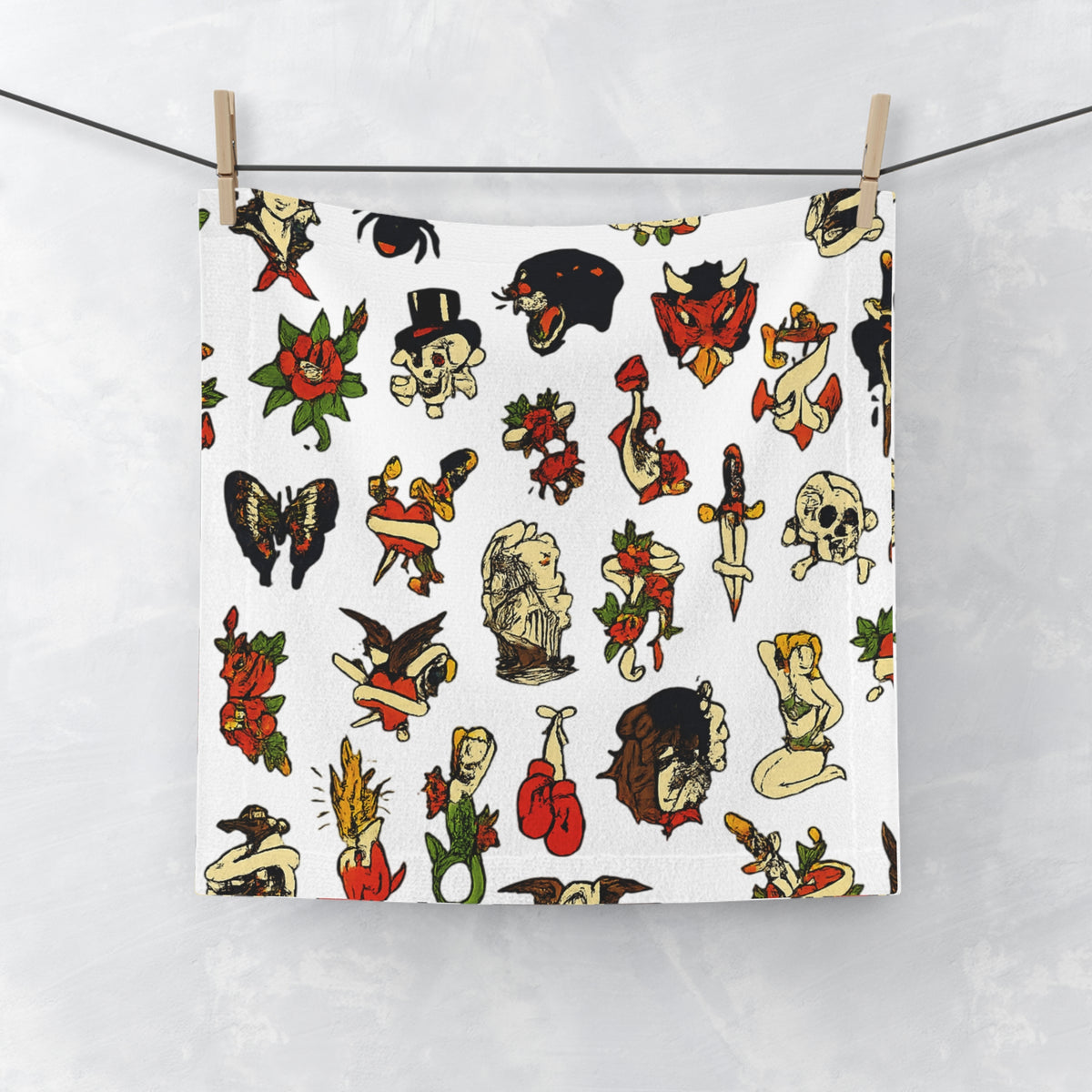 Traditional Flash Tattoo Icons Face Towel | Vintage Sailor Pinup Tattoo Flash Hand Towel Gothic Bathroom Decor  Bathroom