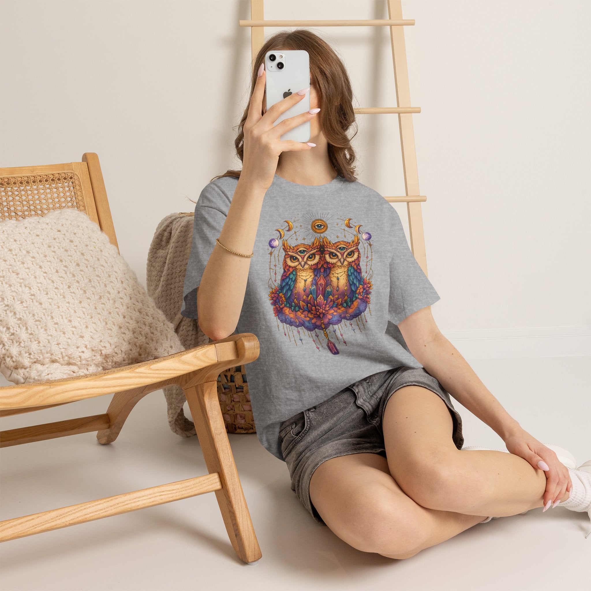 Mystical Triple Owl Illustration Tee Boho Moon Mystical Owl Shirt Boho Owl Graphic Tee Celestial Nature Shirt Spiritual Animal T Shirt