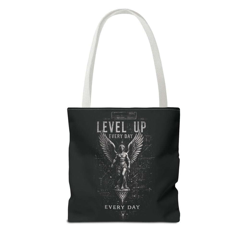 Level Up Every Day Angel Statue Tote Bag — Motivational Graphic Tote for Gamers & Fitness Fans