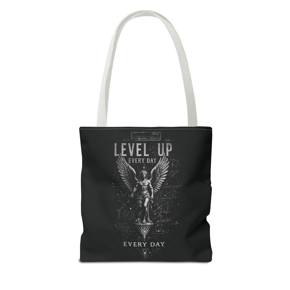 Level Up Every Day Angel Statue Tote Bag — Motivational Graphic Tote for Gamers & Fitness Fans
