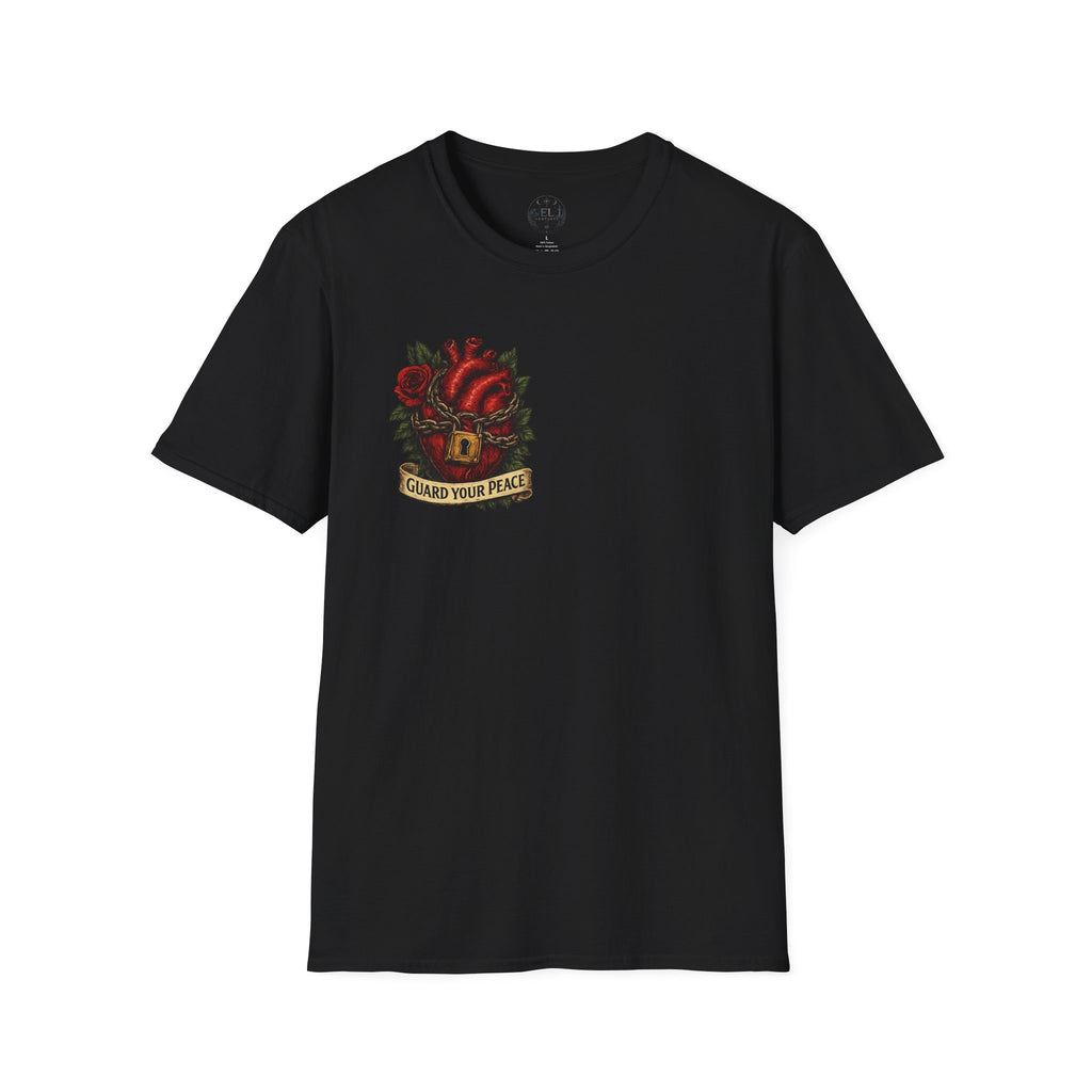Guard Your Peace Heart graphic T-Shirt | anatomical heart, rose, lock