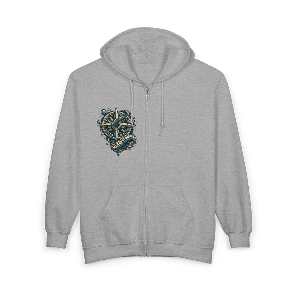 Nautical Compass & Octopus Zip Hoodie — Steampunk Sea Skull Design
