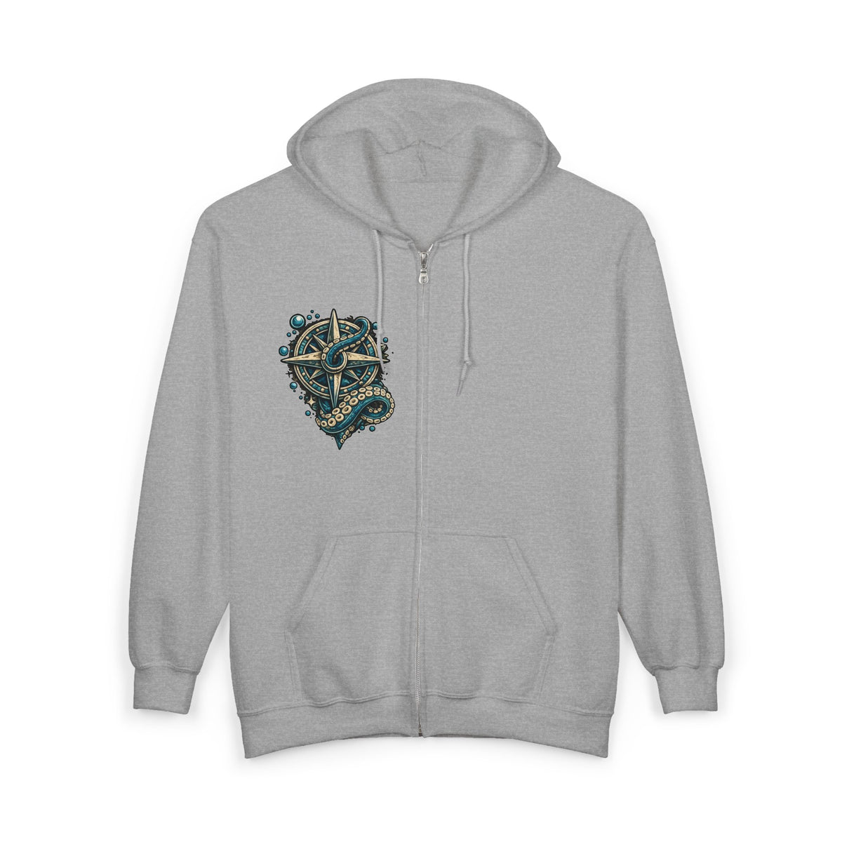 Nautical Compass & Octopus Zip Hoodie — Steampunk Sea Skull Design