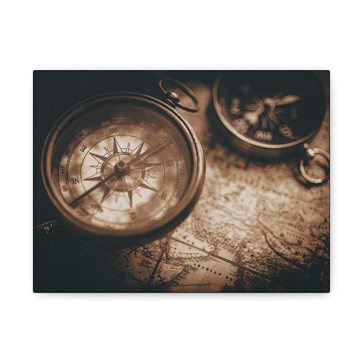Vintage Compass Canvas Wall Art Sepia Travel Map Decor