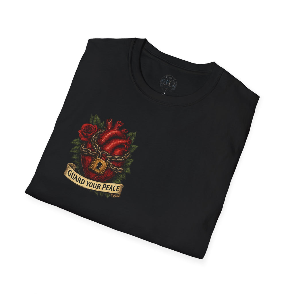 Guard Your Peace Heart graphic T-Shirt | anatomical heart, rose, lock