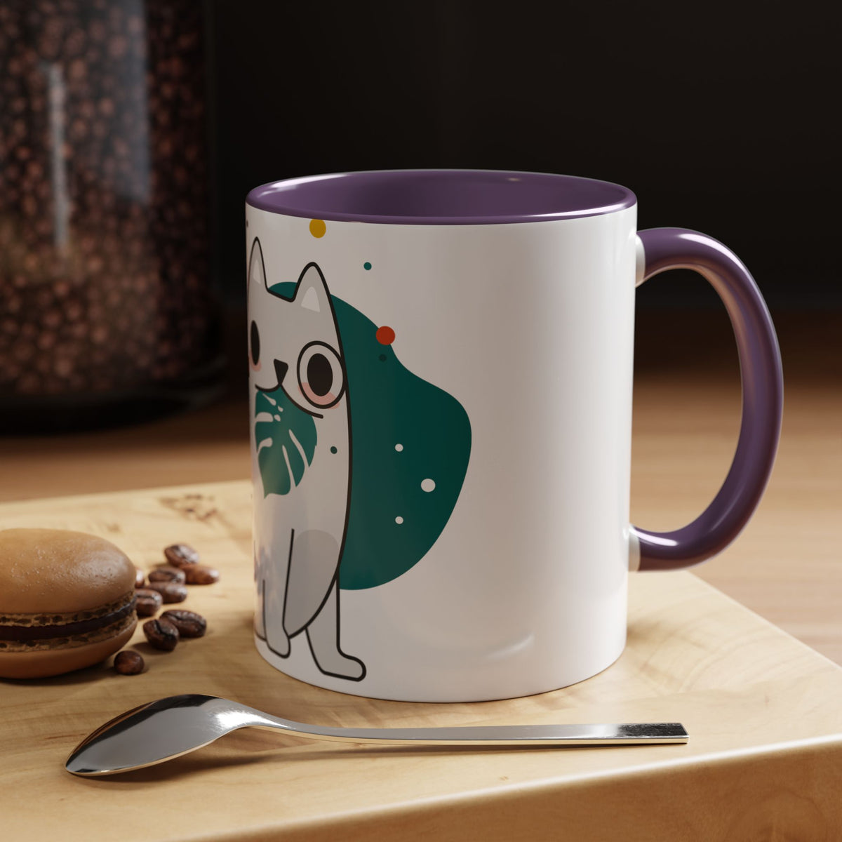 Cute Cat Coffee Mug  Playful White Cat with Tropical Leaf Accent 11oz 15oz