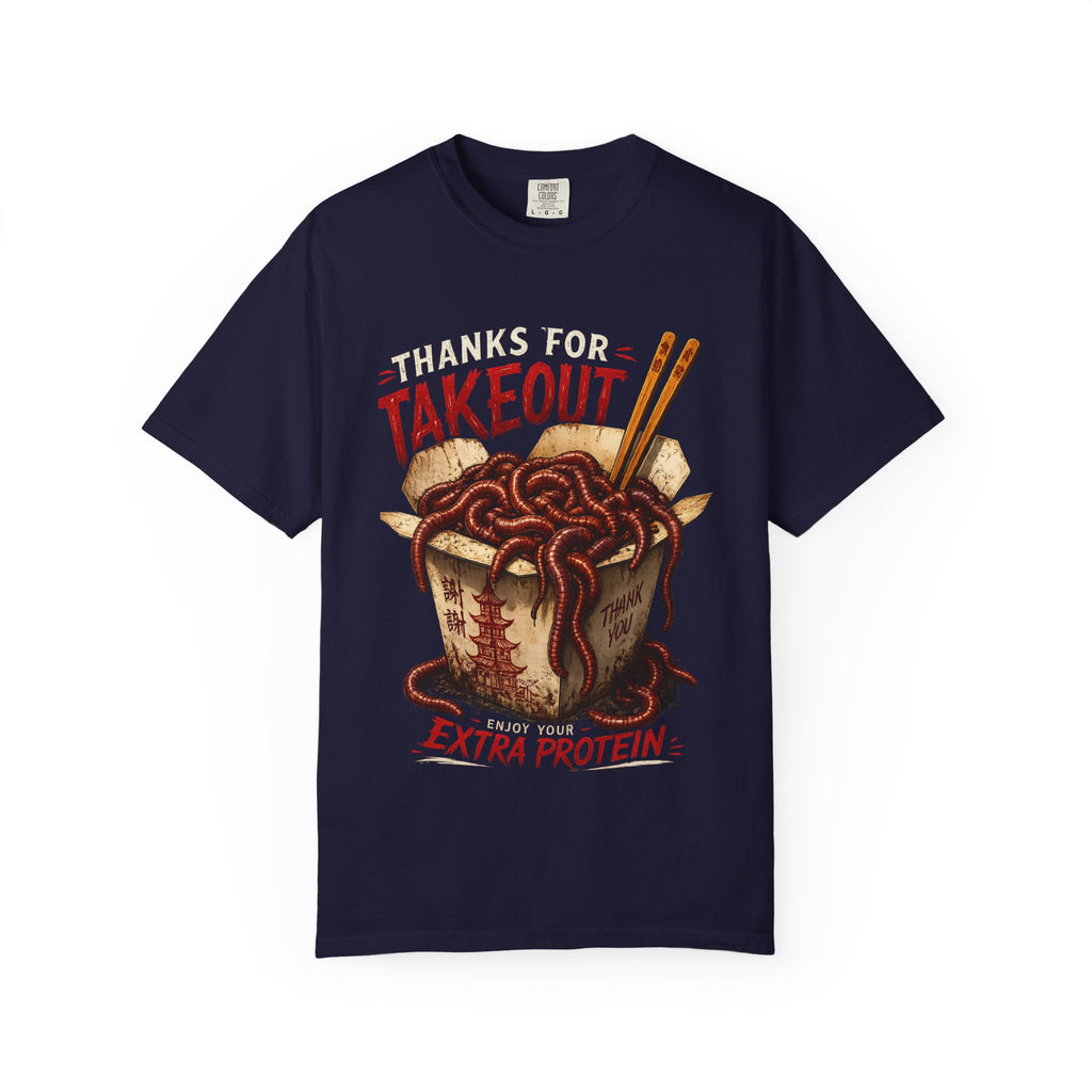 Funny Worm Takeout Shirt Extra Protein Tee Weird Graphic T Shirt Dark Humor Streetwear Vintage Style Unisex Tee Food Joke Shirt