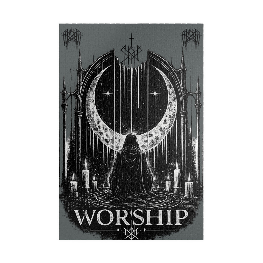 Piece together the ritual puzzle Worship Crescent Moon Altar Puzzle Gothic Occult Illustration