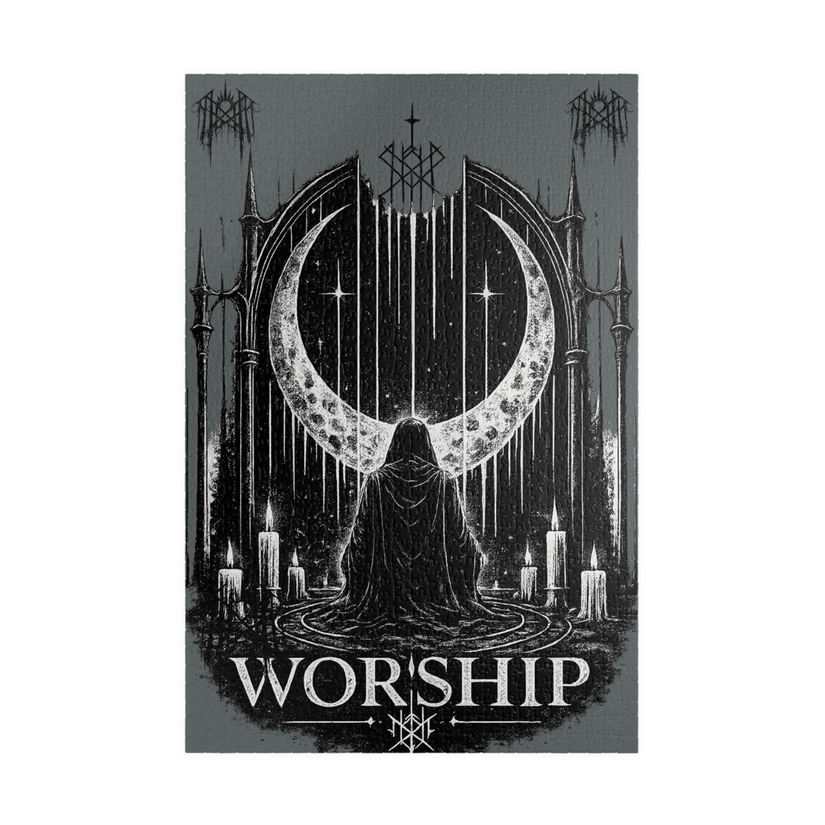 Piece together the ritual puzzle Worship Crescent Moon Altar Puzzle Gothic Occult Illustration