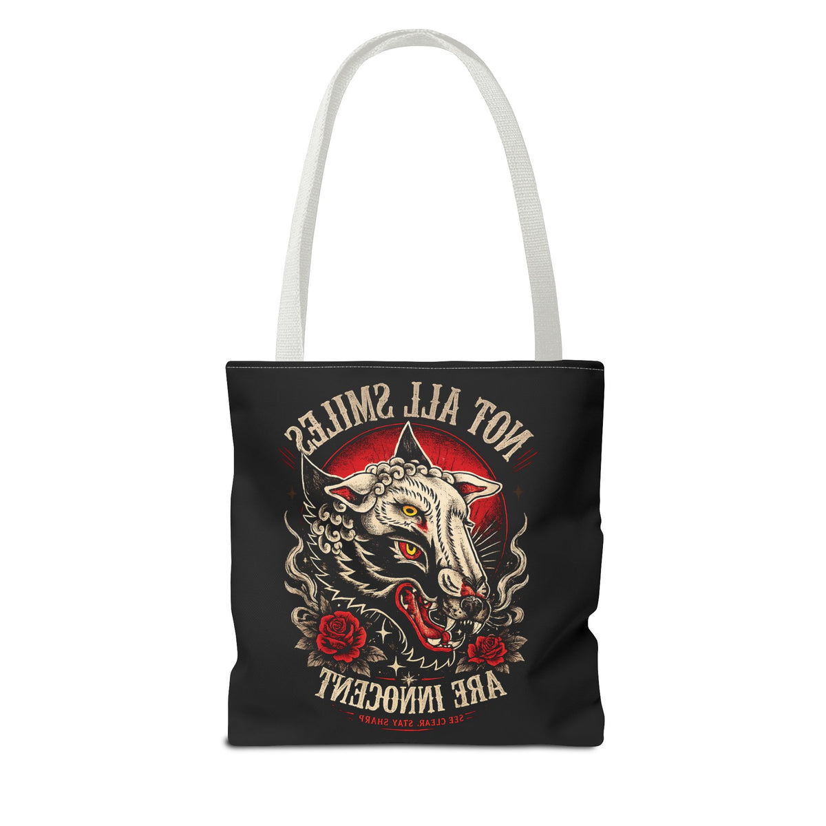 Not All Smiles Are Innocent Tote Bag – Gothic Wolf Skull Design