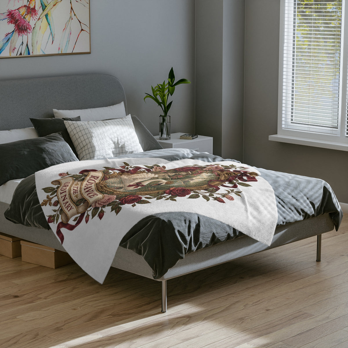 Romance the Ordinary Velveteen Microfiber Blanket | Swan Rose Victorian Illustration